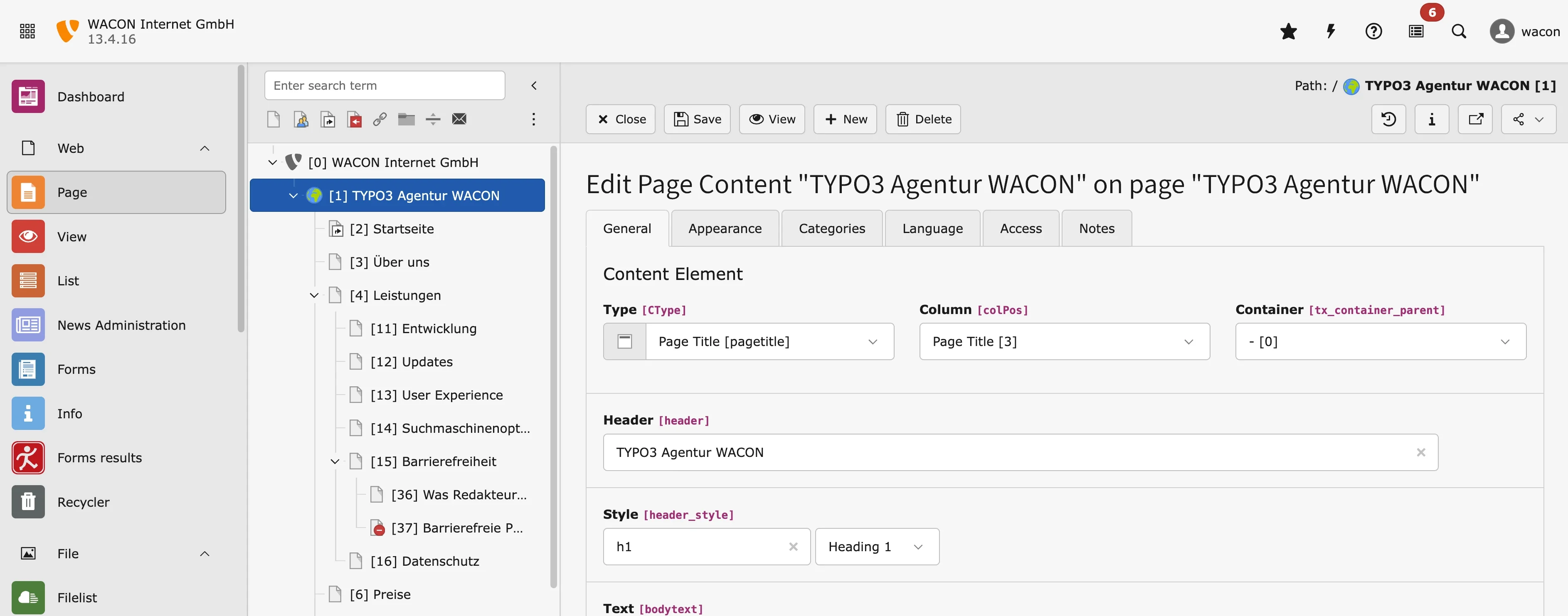 Screenshot eines TYPO3 Backends