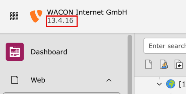 Screenshot: TYPO3 Version im Backend links oben